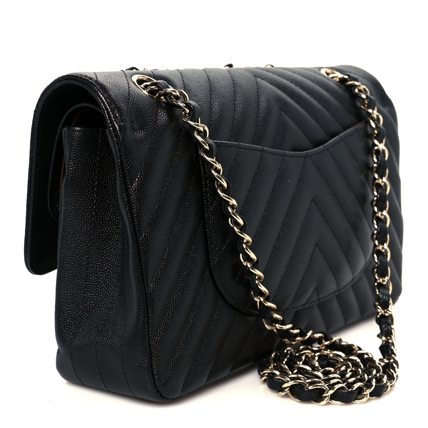 Caviar Chevron Quilted Medium Double Flap Black