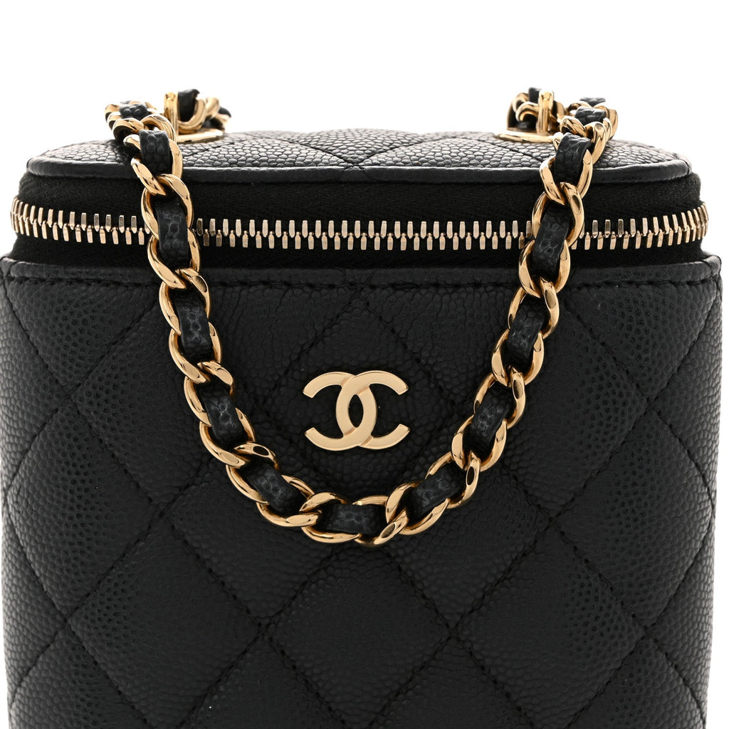 Caviar Quilted Small Vertical Coco Beauty Vanity Case With Chain Black