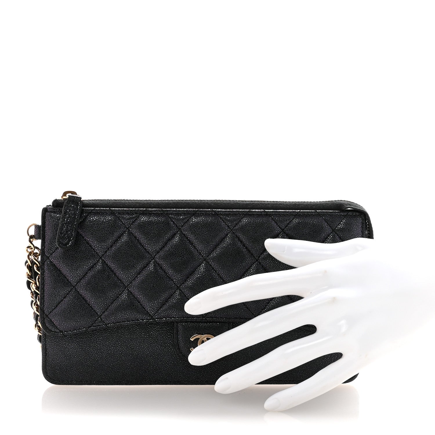Iridescent Caviar Quilted Classic Pouch With Handle Black