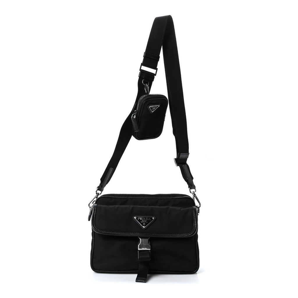 Re-Nylon Saffiano Pocket Single Snap Buckle Shoulder Bag Black