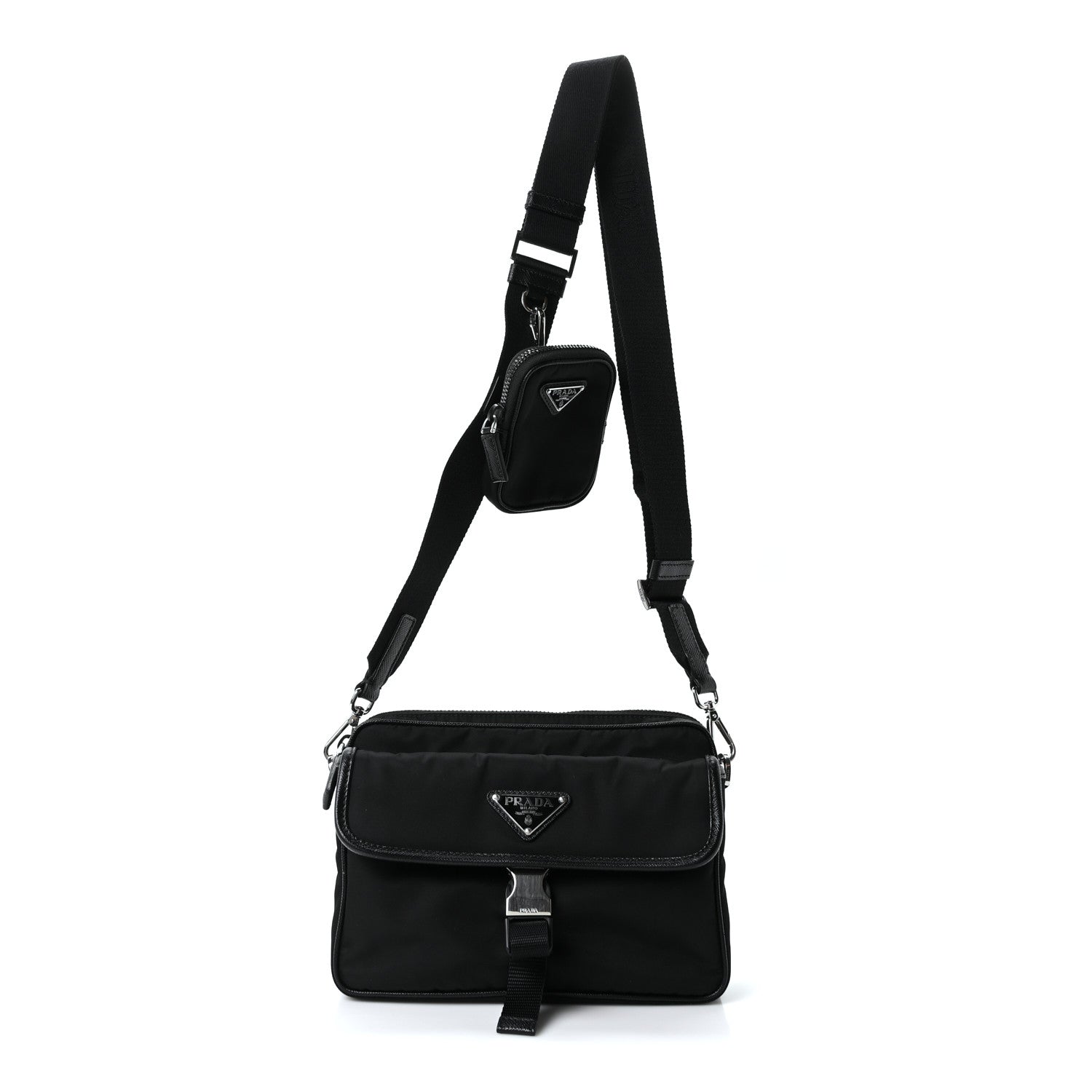 Re-Nylon Saffiano Pocket Single Snap Buckle Shoulder Bag Black