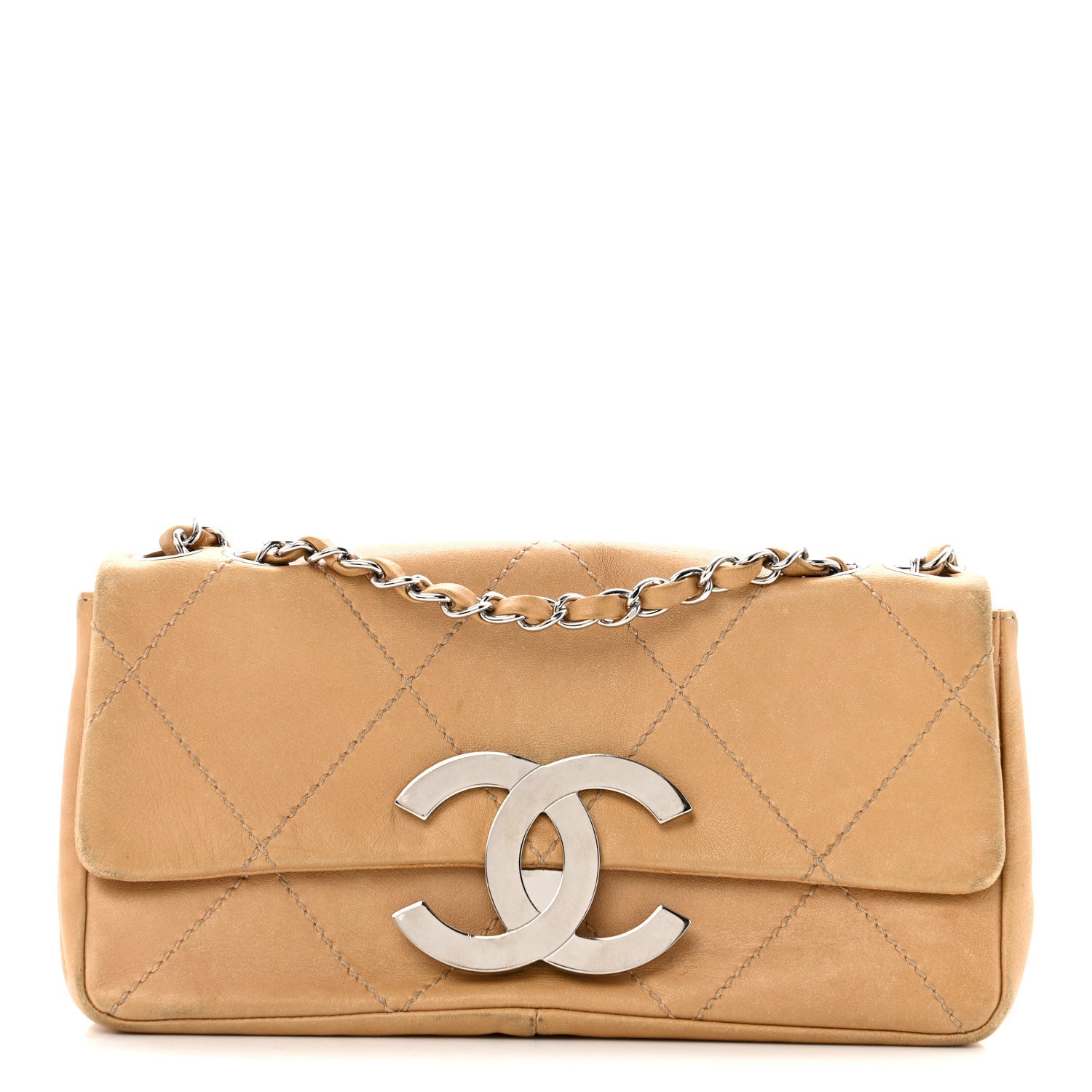 Lambskin Diamond Stitched CC CC East West Flap Beige