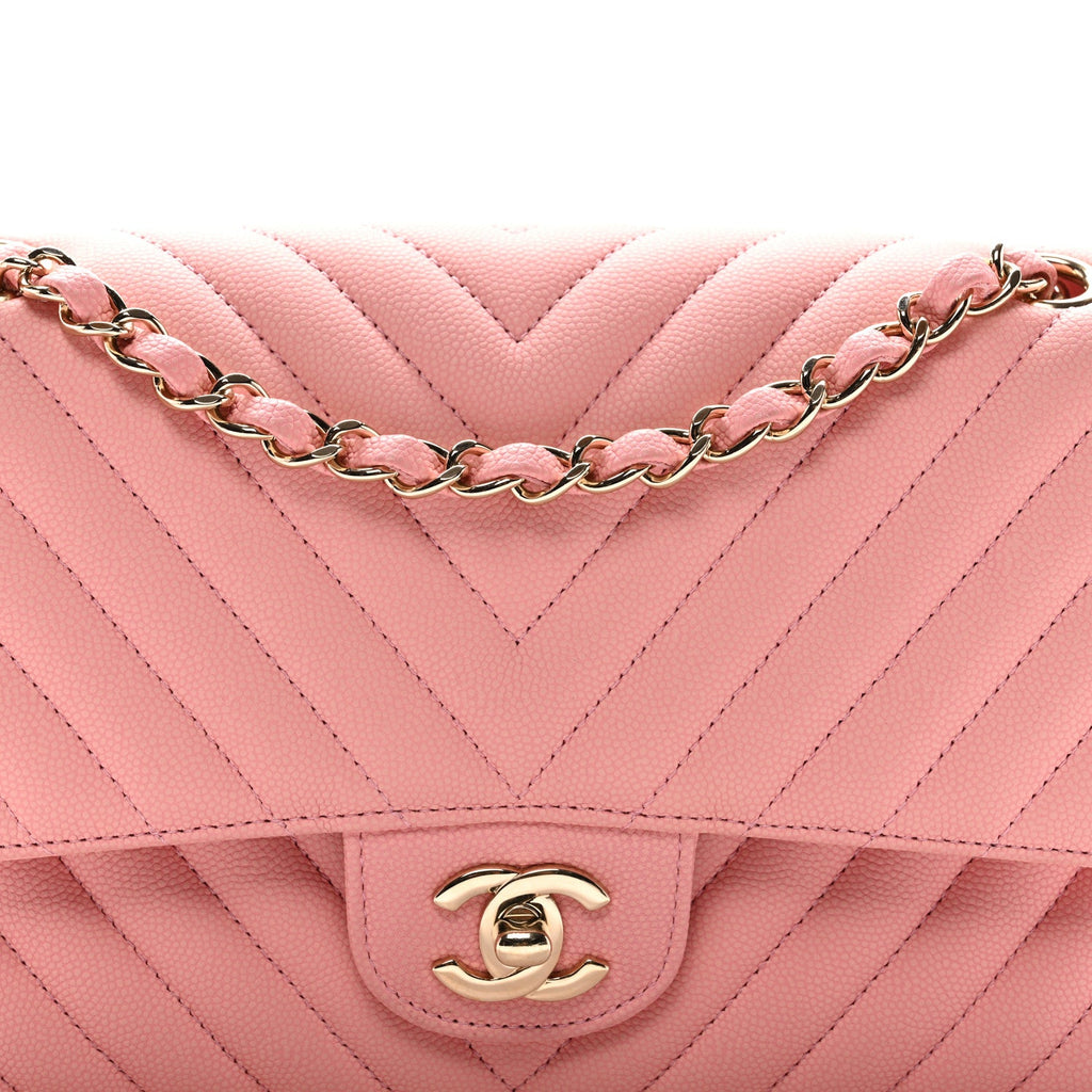 Caviar Flat Chevron Quilted Medium Double Flap Pink