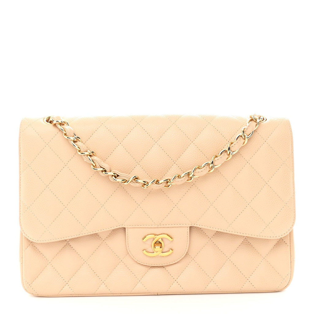 Caviar Quilted Jumbo Double Flap Beige
