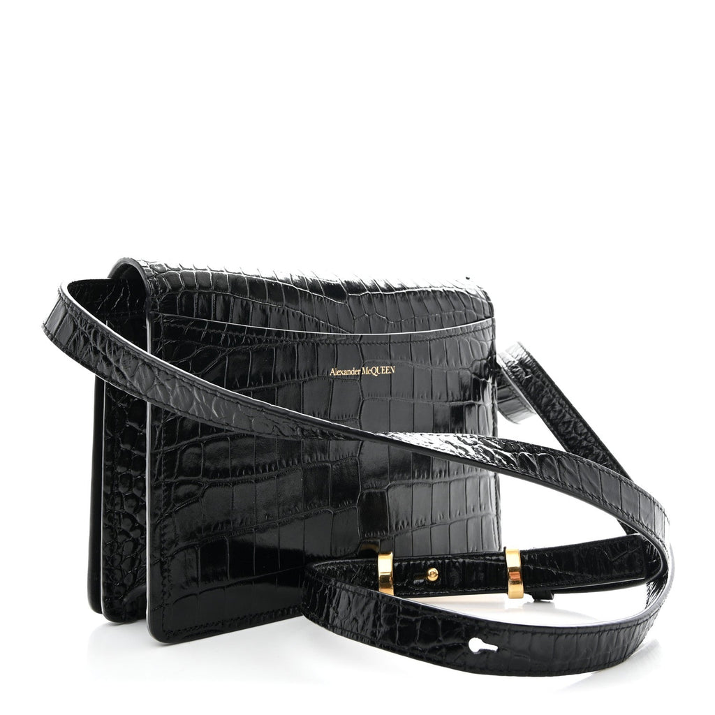 Calfskin Crocodile Embossed Four Ring Knuckle Crossbody Bag Black