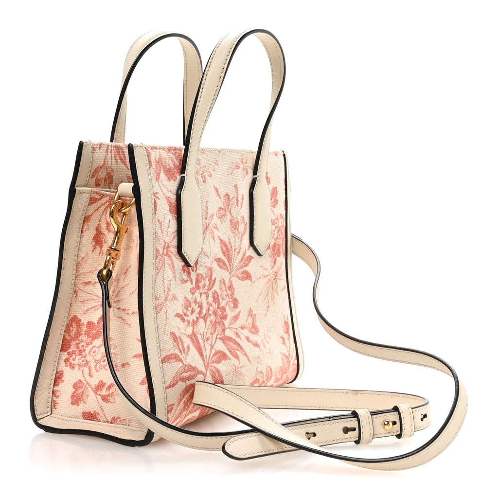 Canvas Herbarium Print Ribbon Top Handle Bag Pink White
