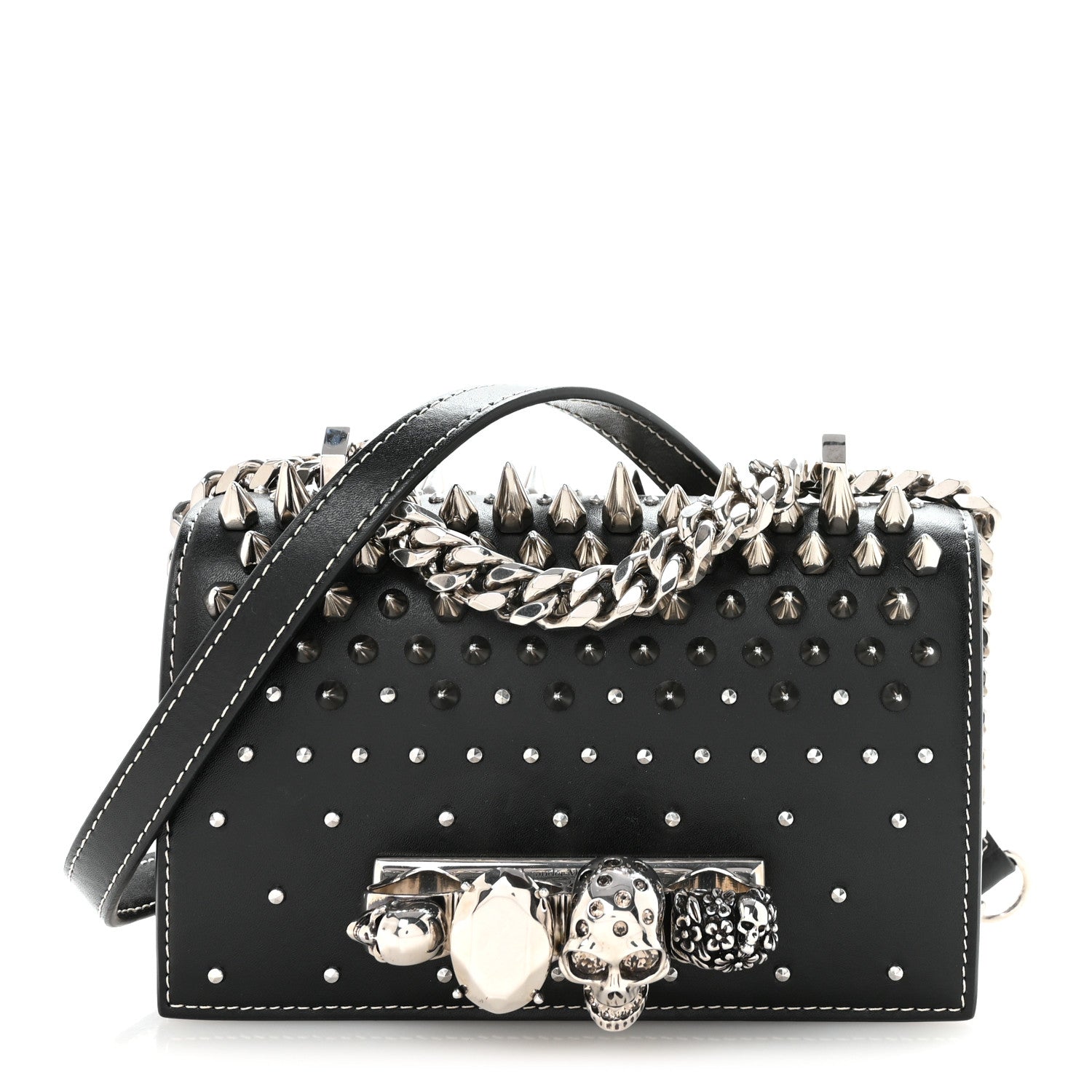 Calfskin Spike Studded Knuckle Satchel Black Silver
