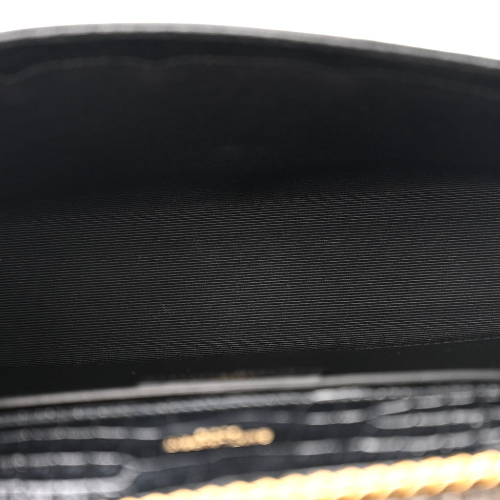 Calfskin Crocodile Embossed Medium Classic Monogram Kate Tassel Satchel Black