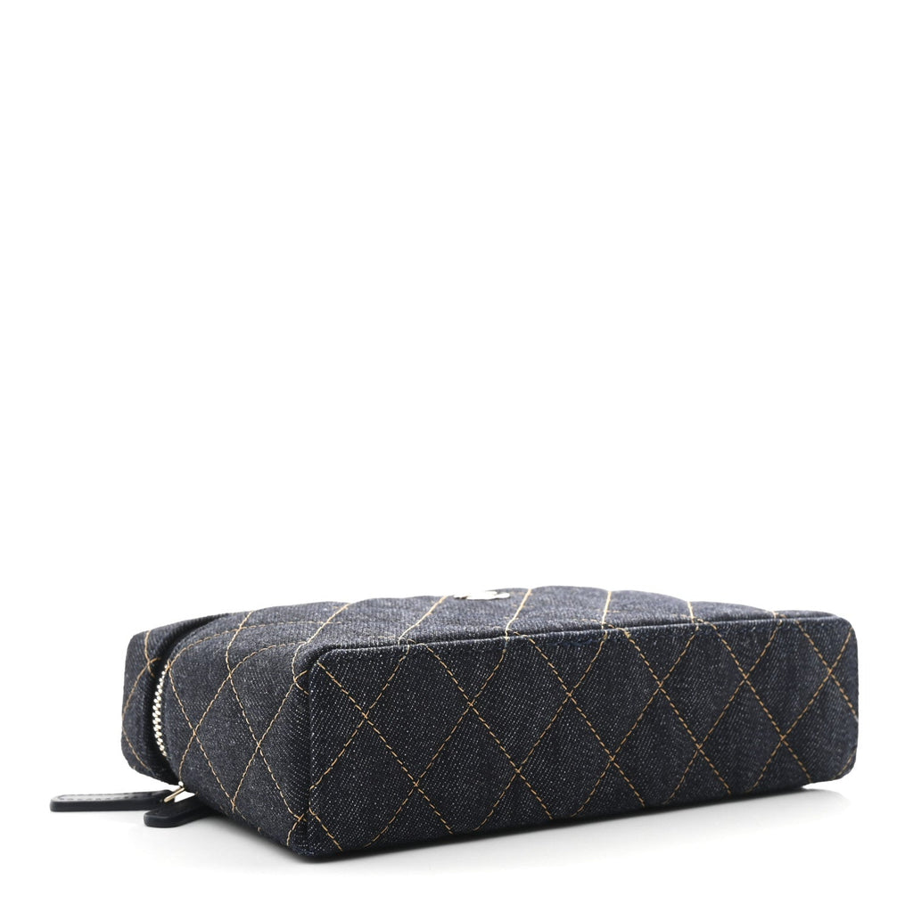 Denim Quilted Top Handle Slim Vanity Case With Chain Dark Blue Orange