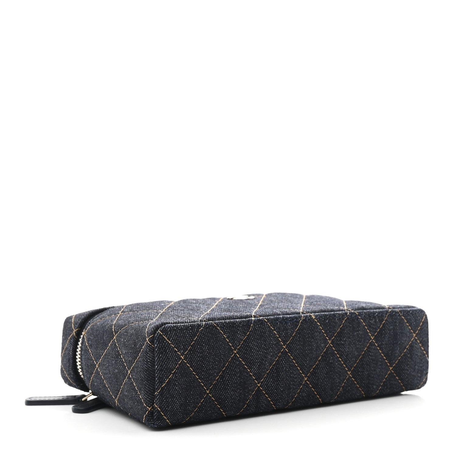 Denim Quilted Top Handle Slim Vanity Case With Chain Dark Blue Orange