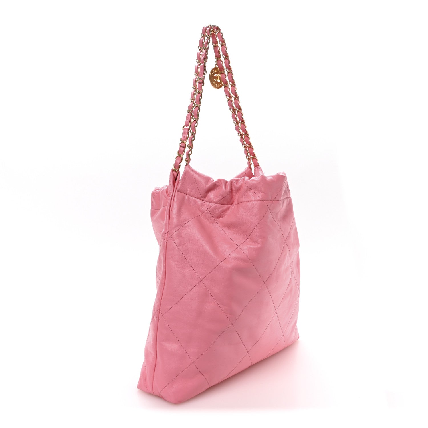 Shiny Calfskin Quilted Chanel 22 Drawstring Bag Pink