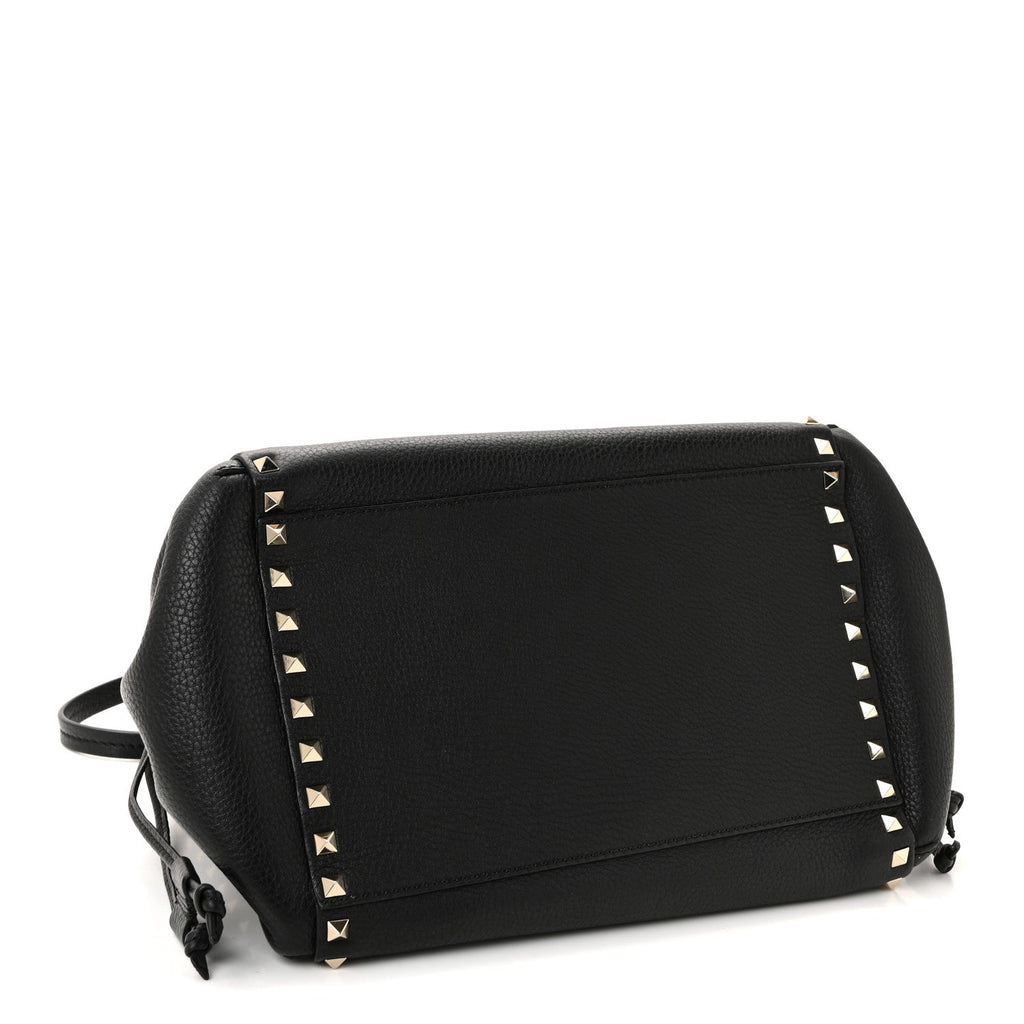 Grained Calfskin Rockstud Double Handle Cinch Tote Black