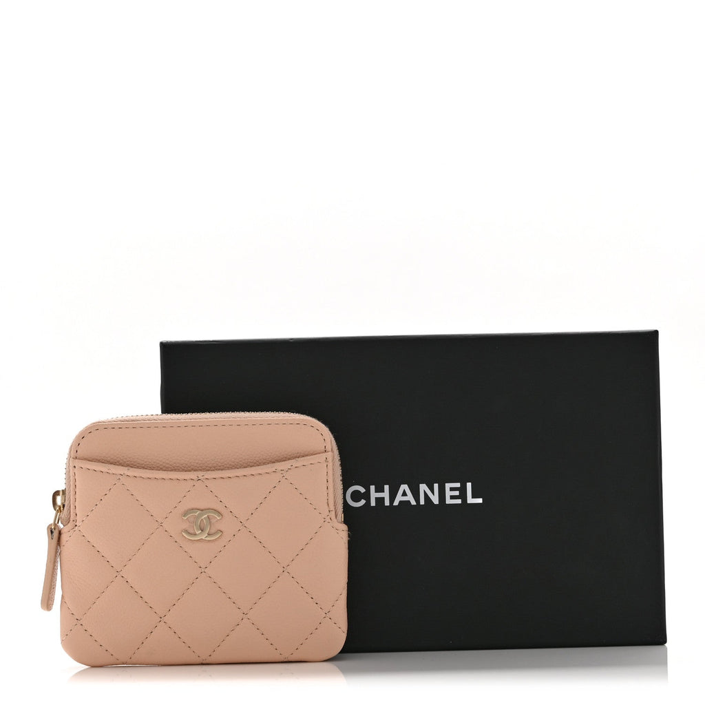 Caviar Quilted Zip  Holder Wallet Light Beige