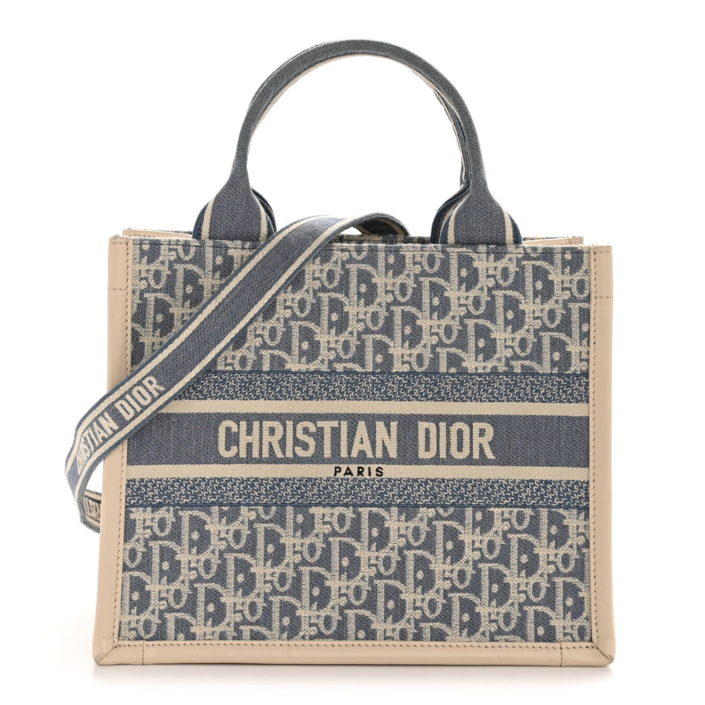Oblique Chambray Calfskin Small Book Tote With Strap Blue Latte