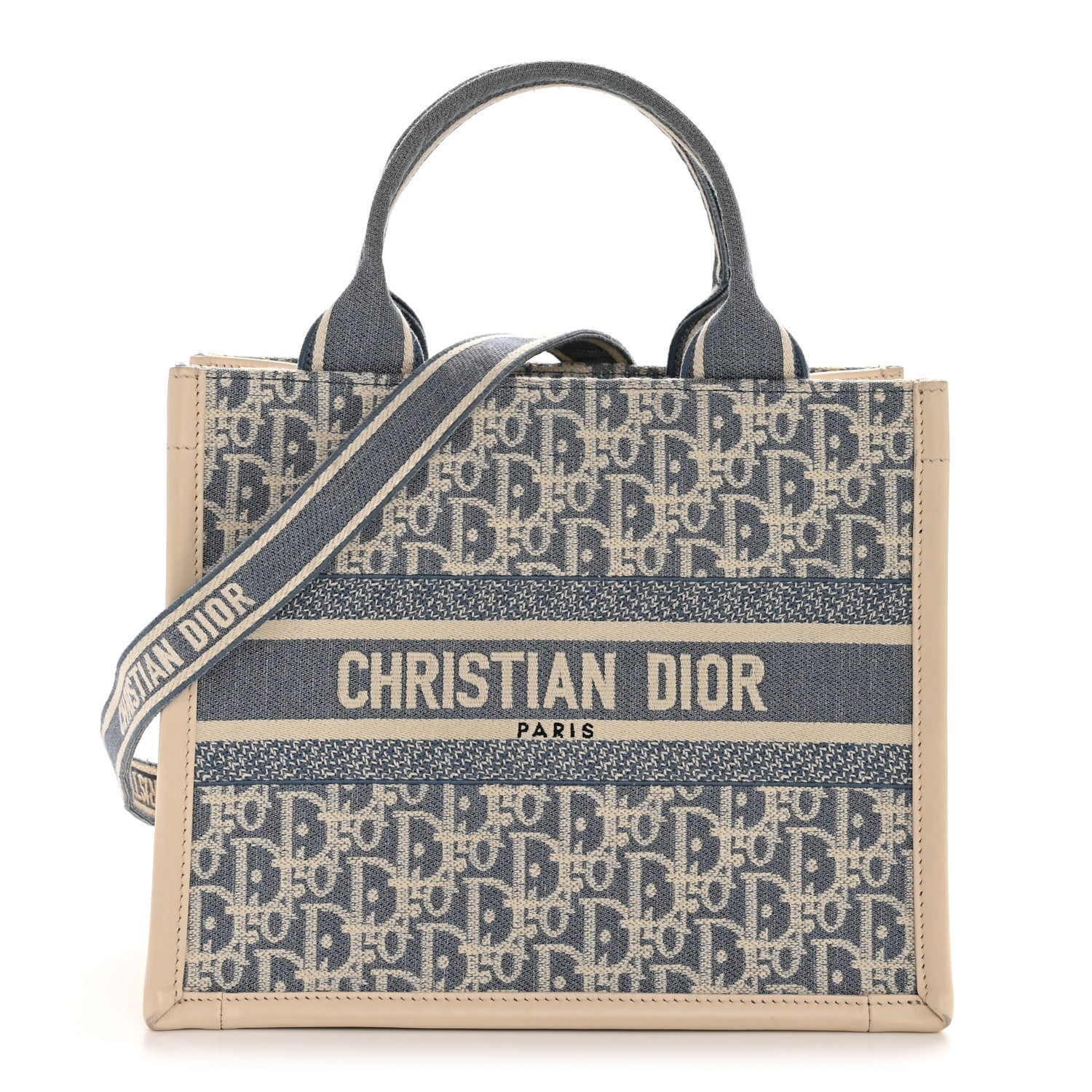 Oblique Chambray Calfskin Small Book Tote With Strap Blue Latte