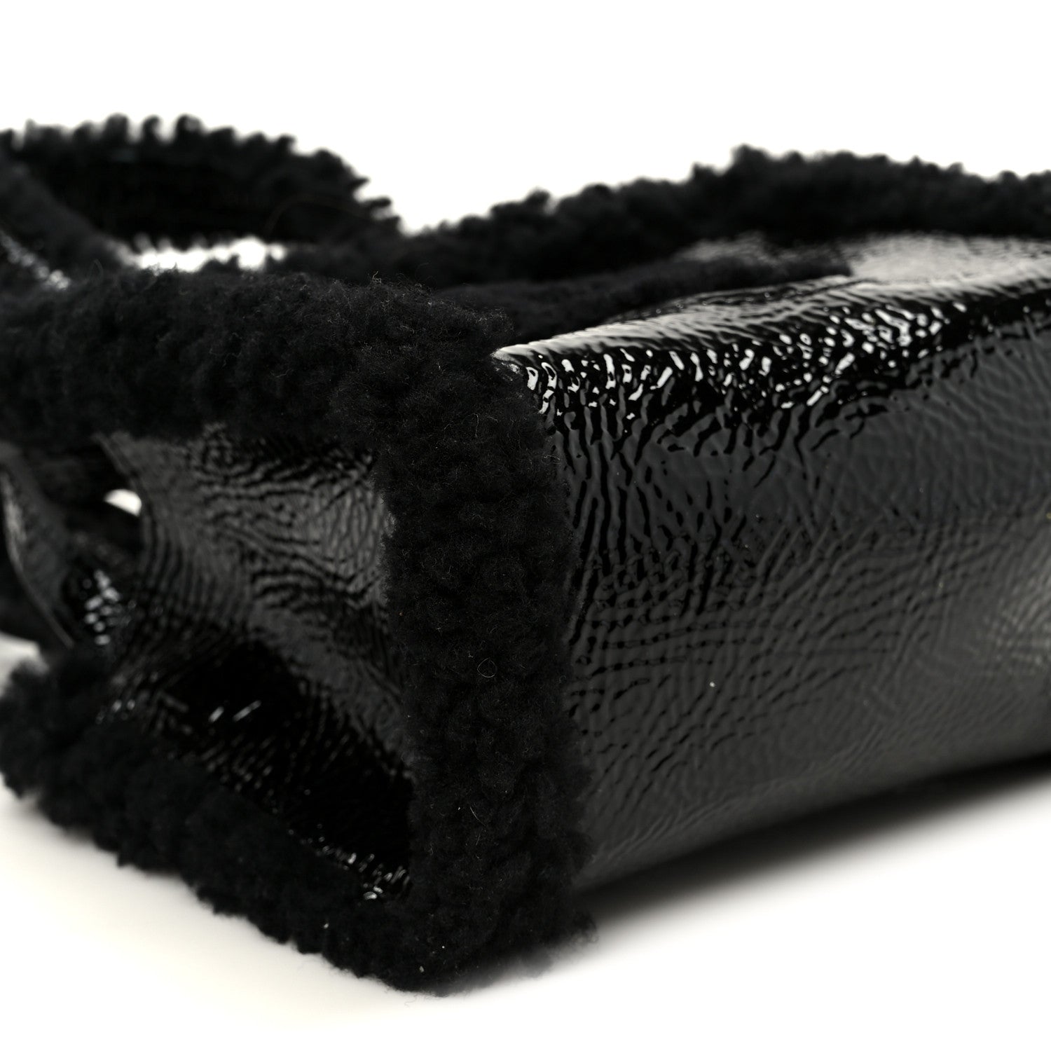 X UGG Crinkle Patent Shearling Small Shopping Bag Black