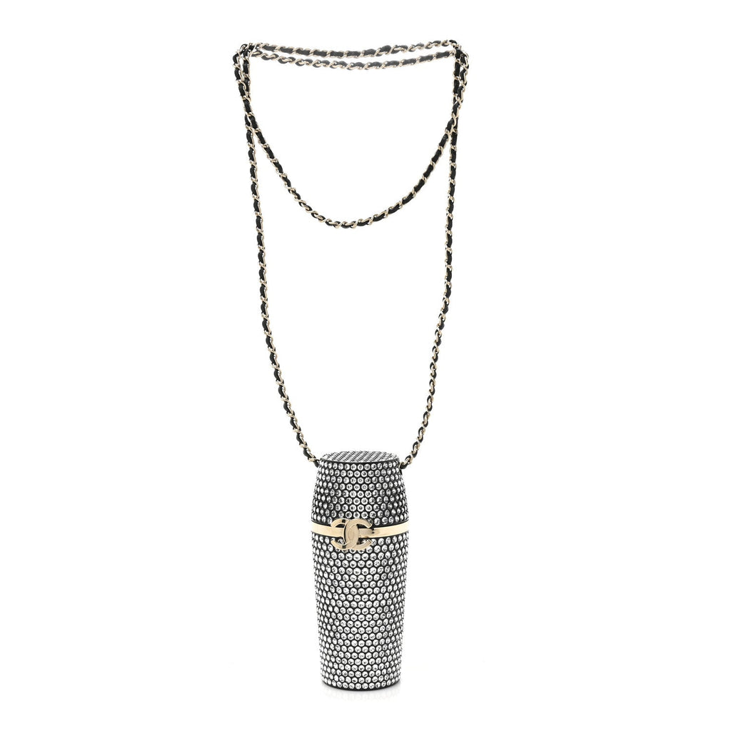 Metal Resin Lambskin Crystal Lipstick Case Long Necklace On Chain Silver Black Gold