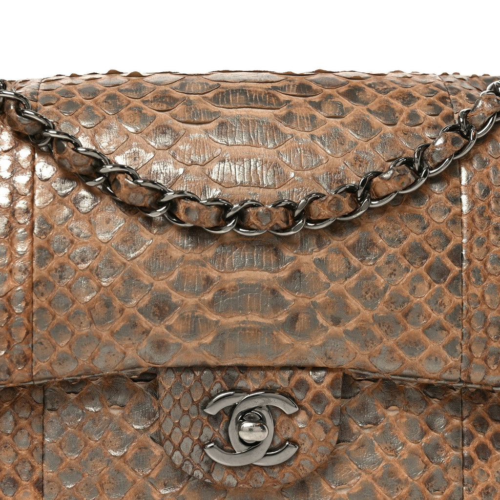 Metallic Snakeskin Medium Double Flap Beige