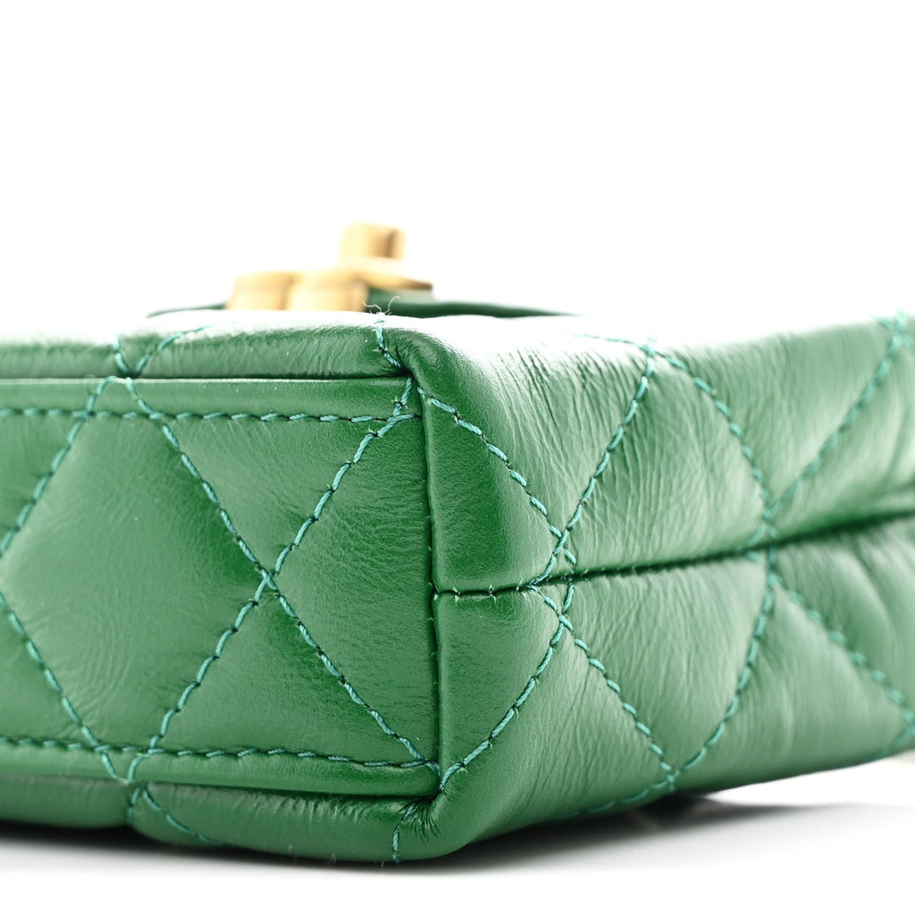 Shiny Aged Calfskin Quilted Mini Nano Kelly Shopper Green