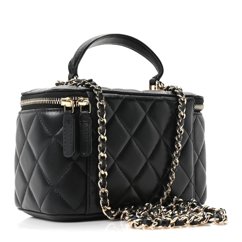 Lambskin Quilted Small Top Handle Vanity Case With Chain Black