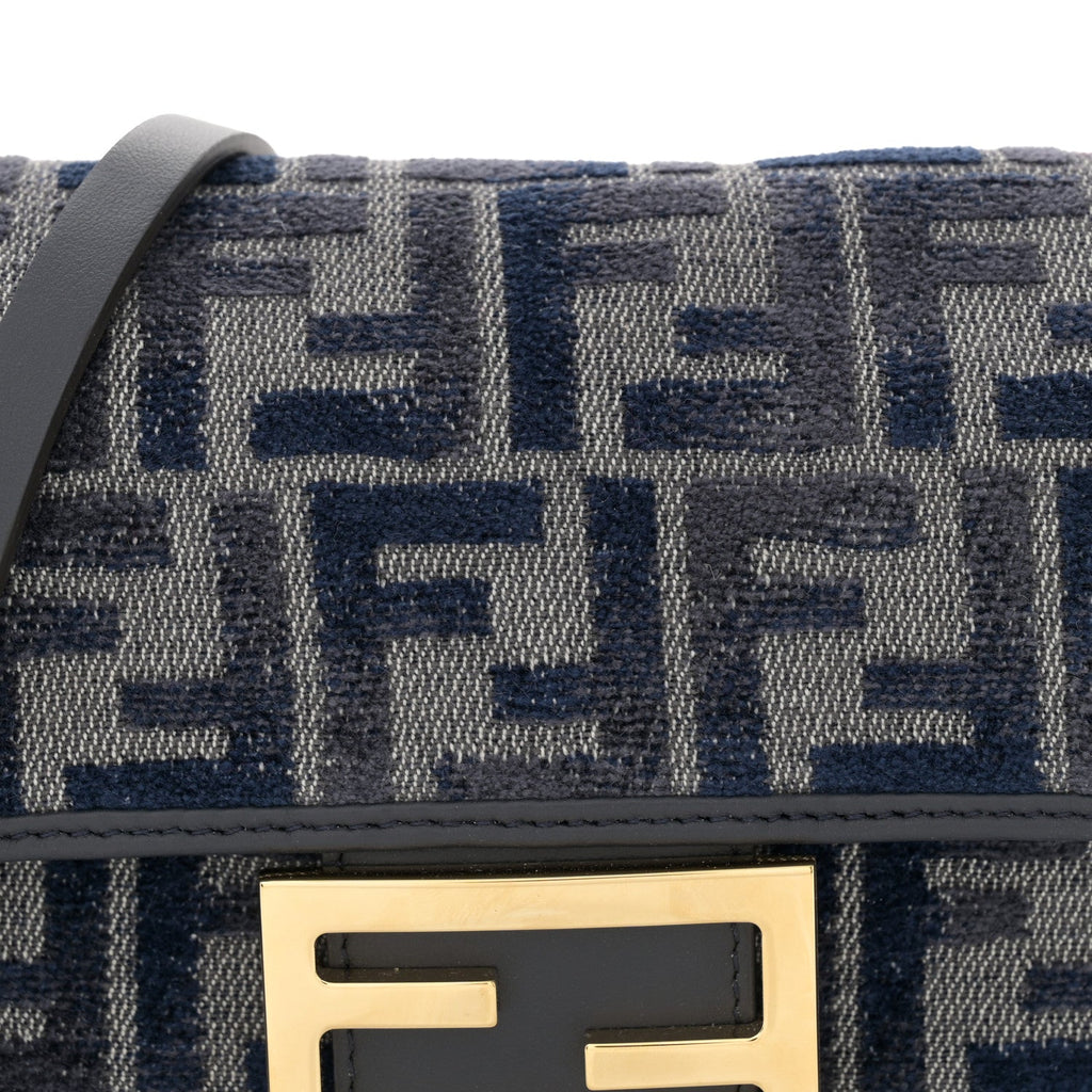 Chenille Vitello Grace FF Embroidered Mini Baguette Dark Blue Grey