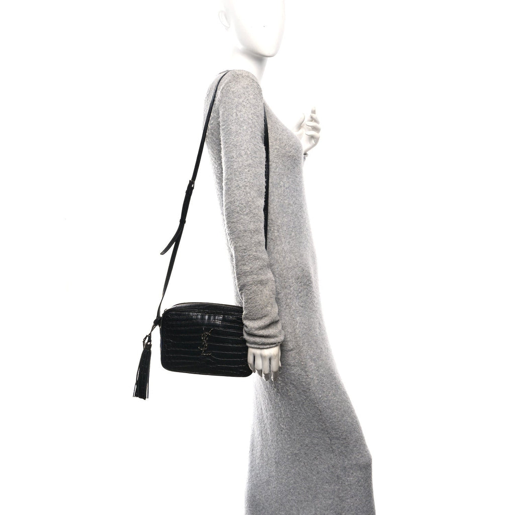 Calfskin Crocodile Embossed Monogram Lou Camera Bag Black