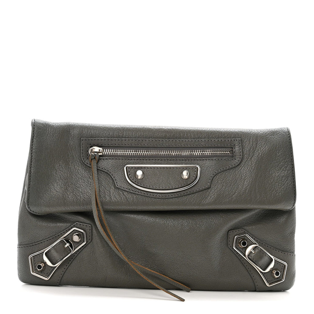 Chevre Silver Metallic Edge Hardware Envelope Clutch Gris Acier