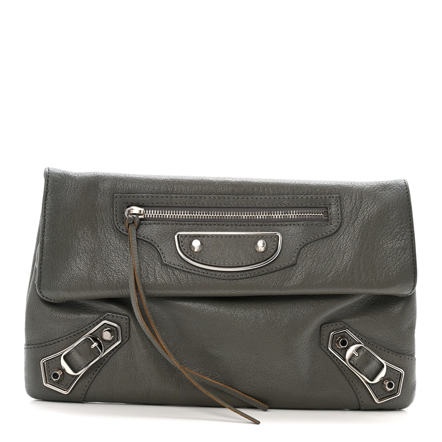 Chevre Silver Metallic Edge Hardware Envelope Clutch Gris Acier