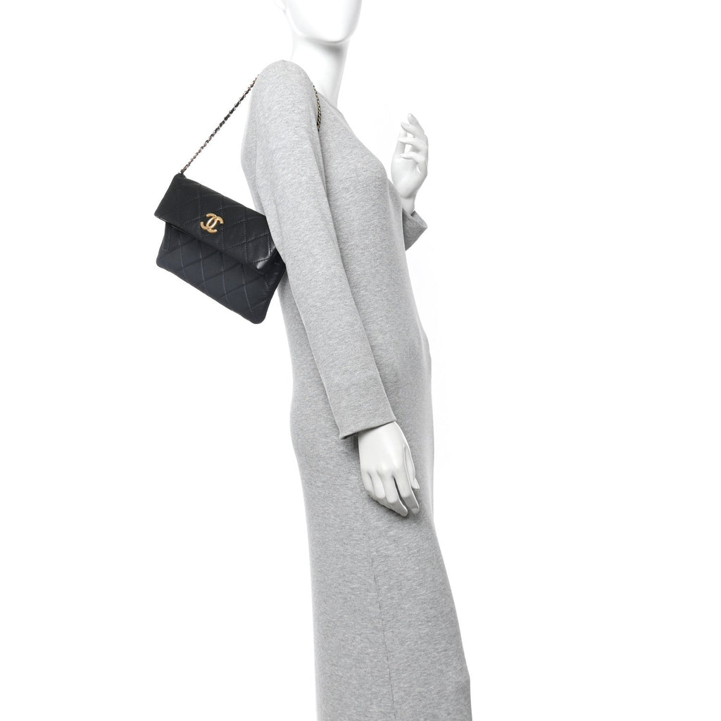 Calfskin Quilted Fold Over Clutch Black