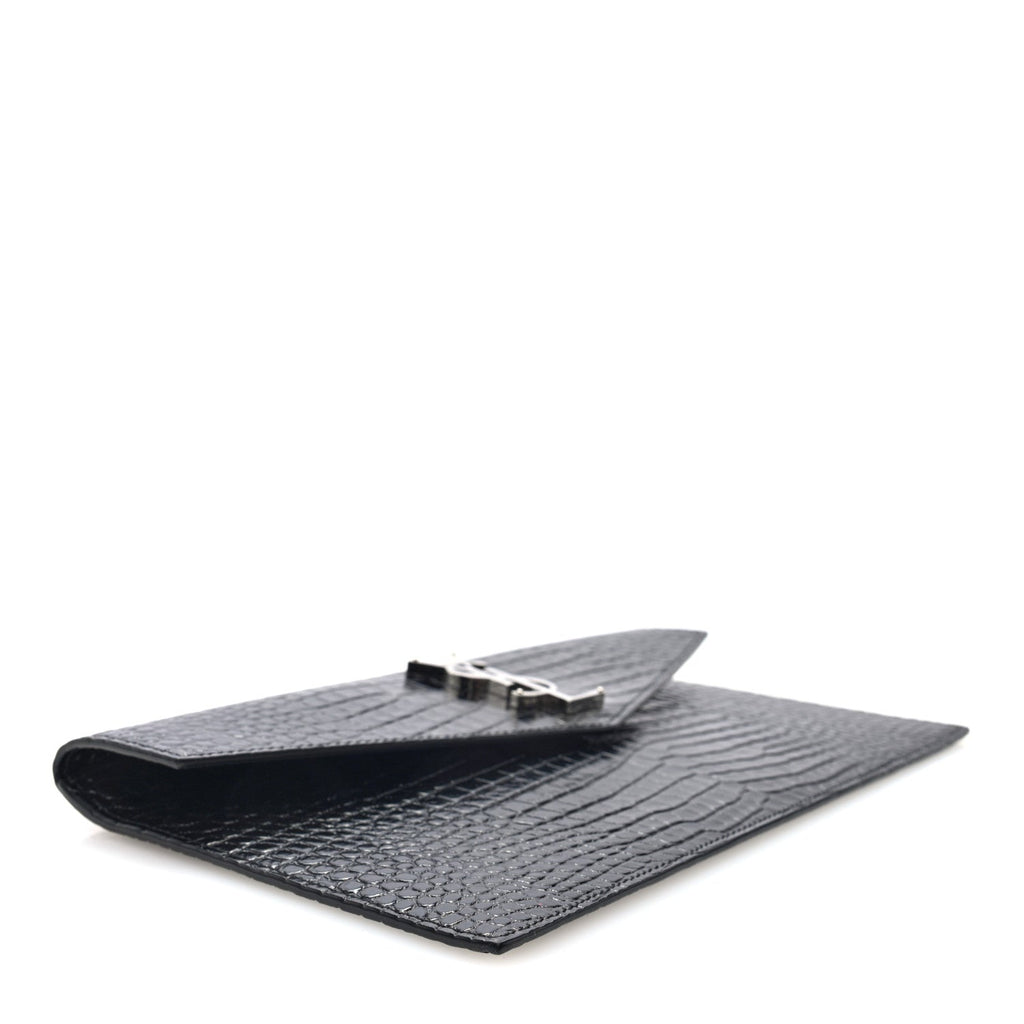 Calfskin Crocodile Embossed Uptown Monogram Pouch Black