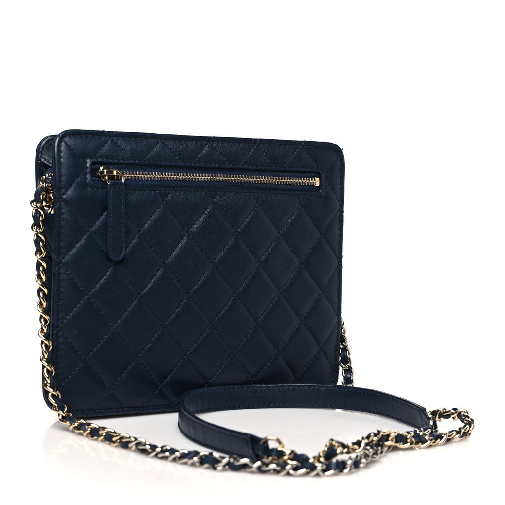 Lambskin Quilted Square Front Pocket Clutch With Chain Navy Blue
