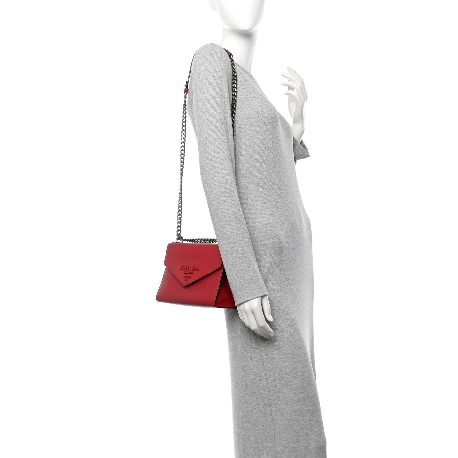 Saffiano Cuir Calfskin Monochrome Envelope Flap Chain Shoulder Bag Fuoco