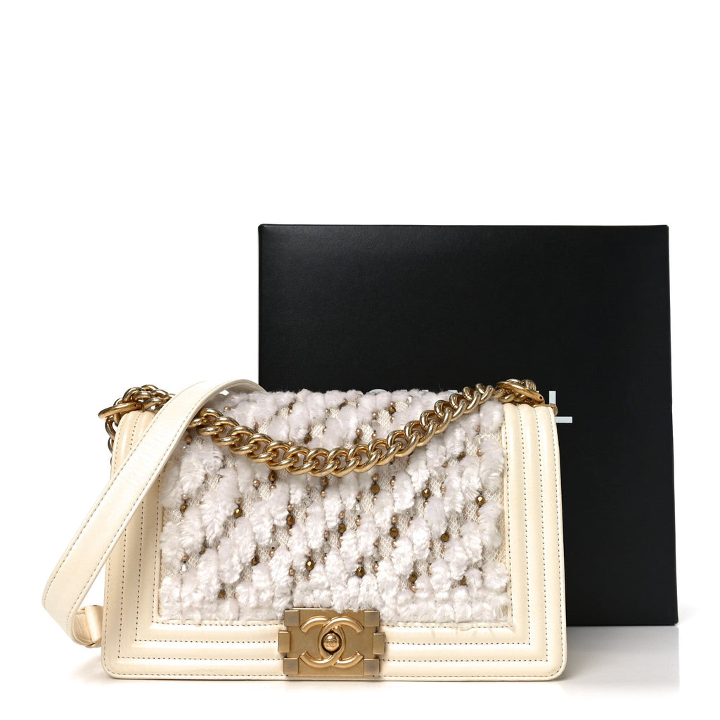 Lambskin Tulle Embroidered Medium Boy Flap White