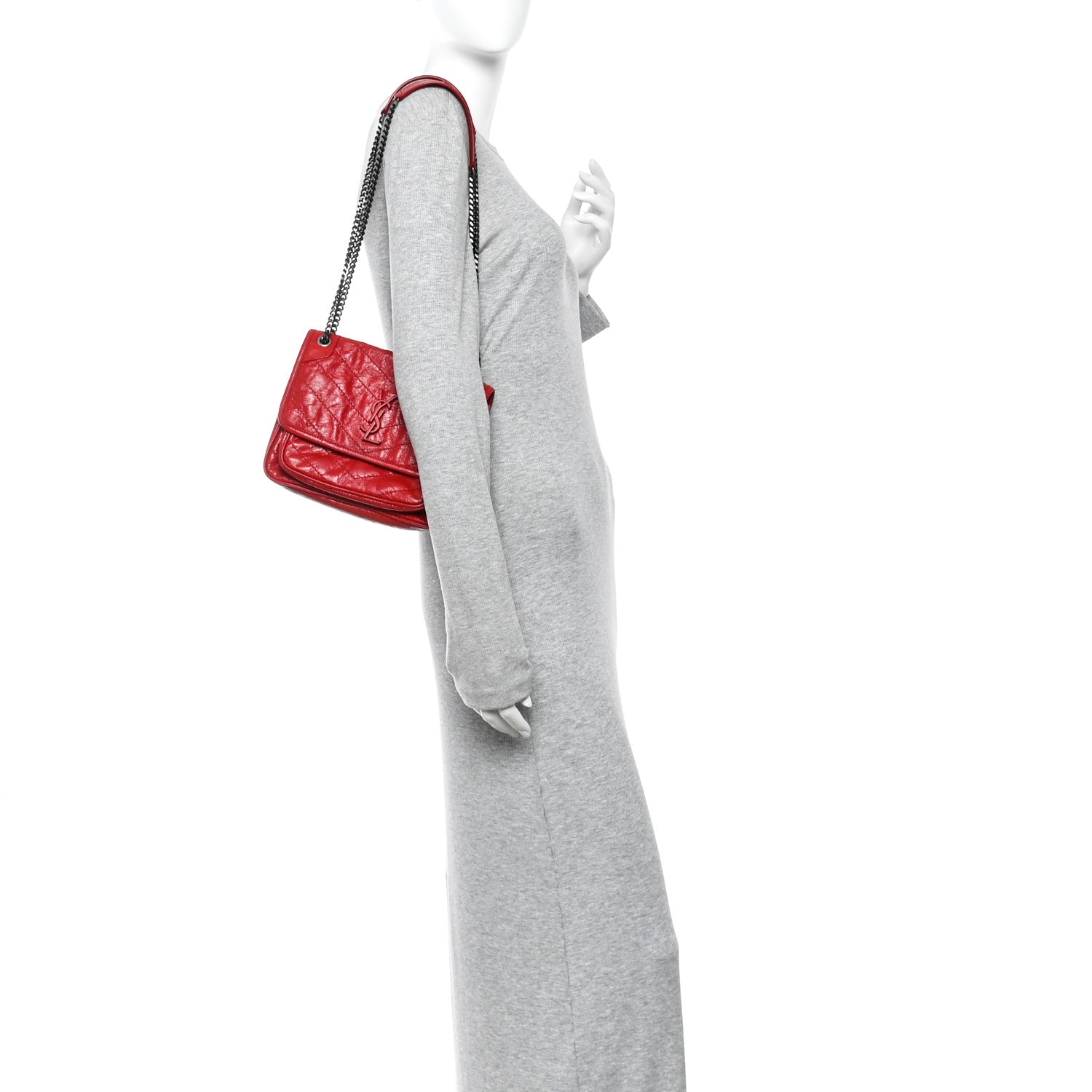 Crinkled Calfskin Matelasse Monogram Baby Niki Chain Satchel Rouge Eros