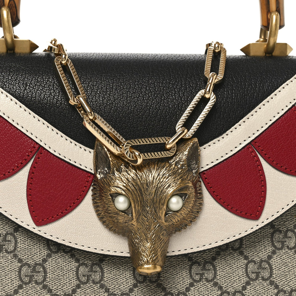 GG Supreme Monogram Goatskin Pearl Mini Fox Broche Bamboo Top Handle Bag Beige Ebony Black Hibiscus Red Mystic White