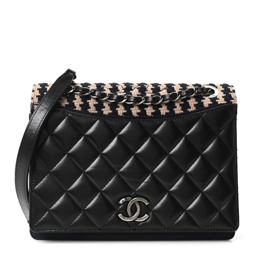 Tweed Calfskin Quilted Ballerine Flap Black Navy Beige