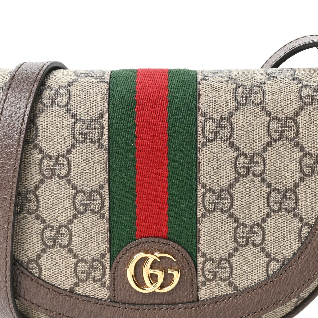 GG Supreme Monogram Textured Dollar Calfskin Web Mini Ophidia Flap Shoulder Bag Beige Ebony New Acero