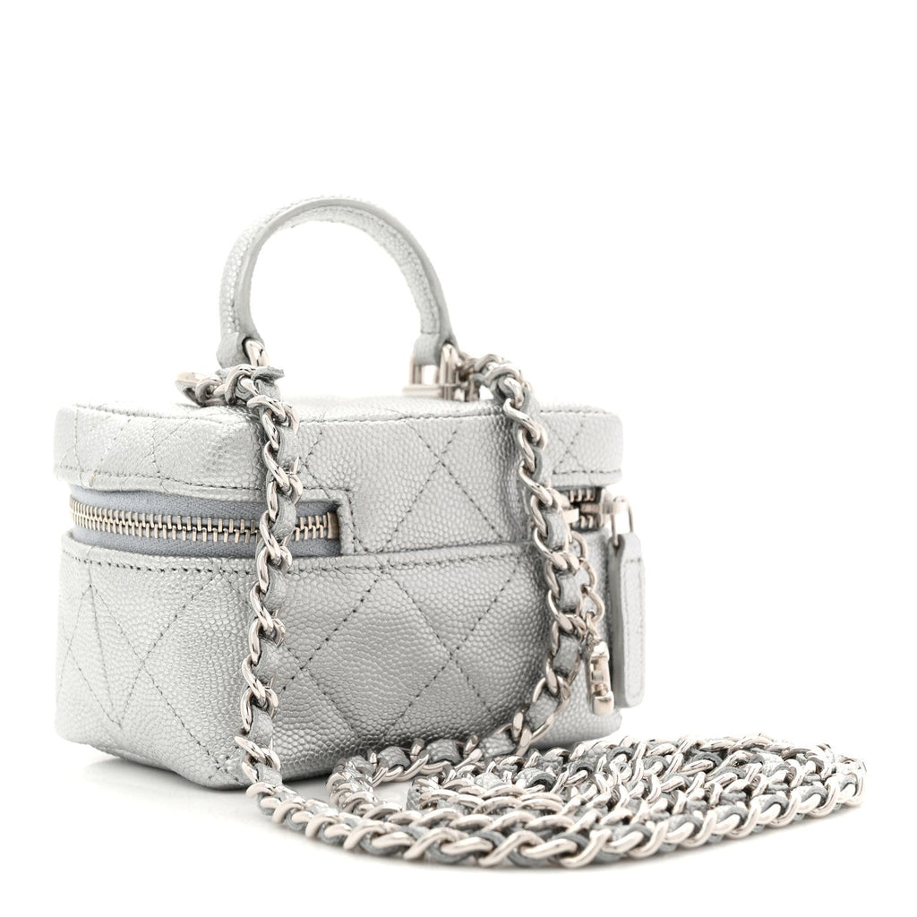 Metallic Caviar Quilted Mini Top Handle Vanity With Chain Silver