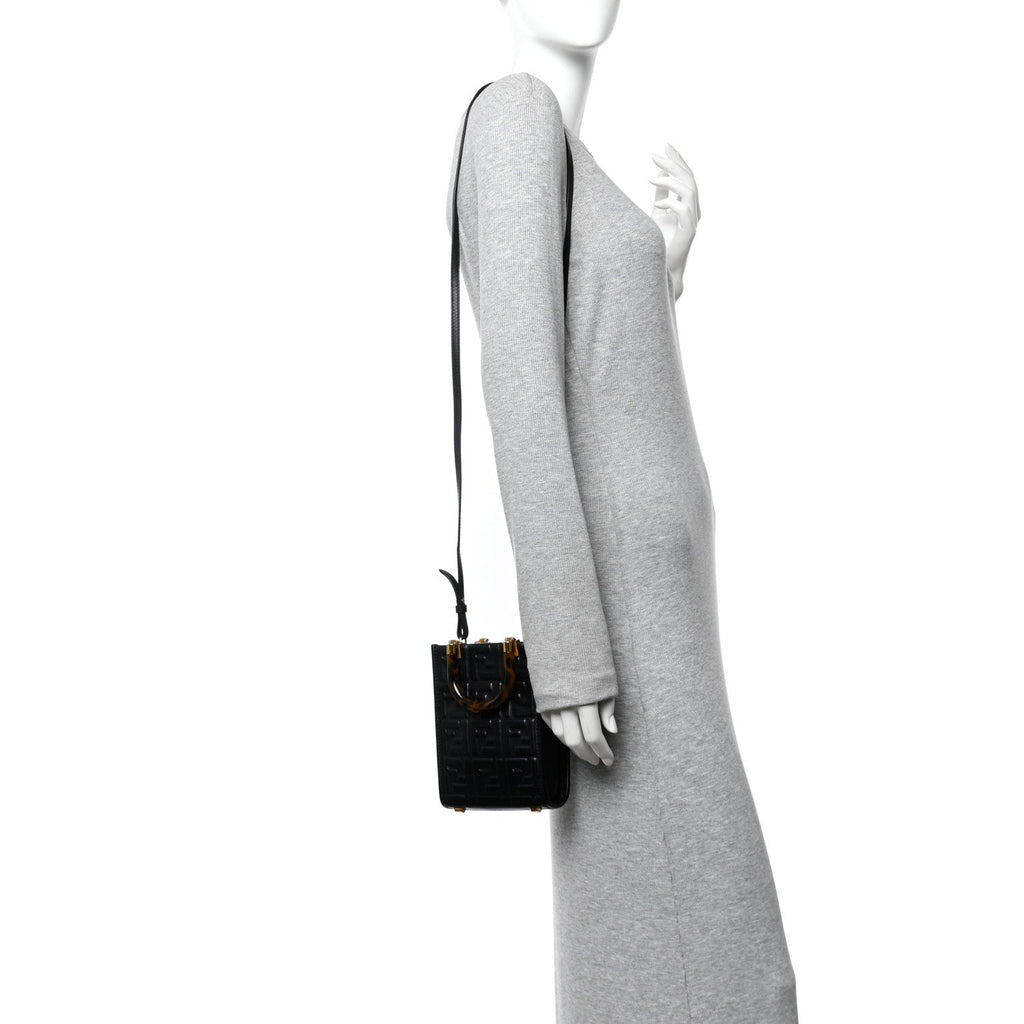 Vitello Plexiglass FF Embossed Mini Fendi Sunshine Shopper Tote Black