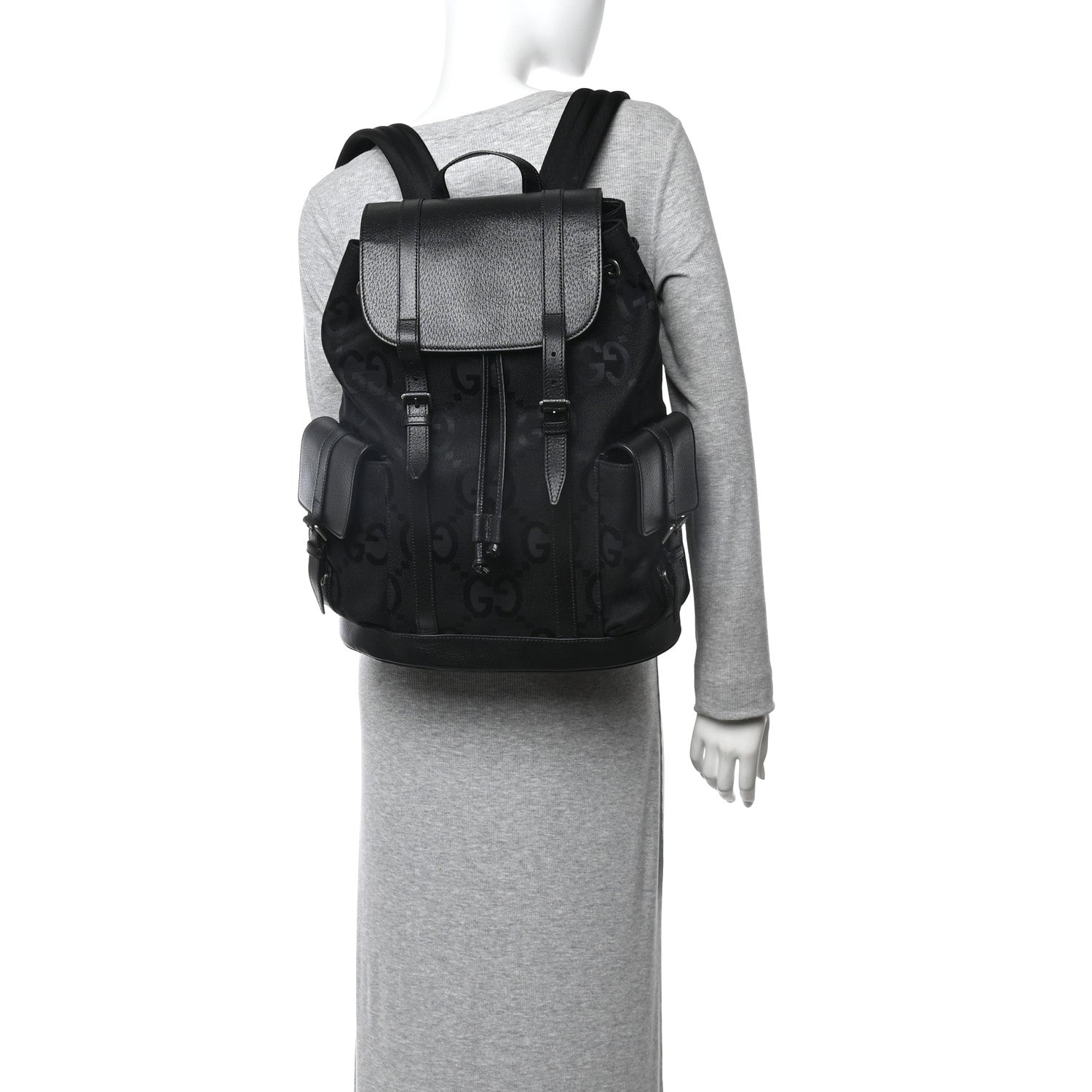 Monogram Jumbo GG Textured Dollar Calfskin Web Double Buckle Backpack Black