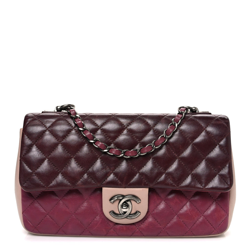Lambskin Quilted Medium Tri-Color Flap Burgundy Dark Pink