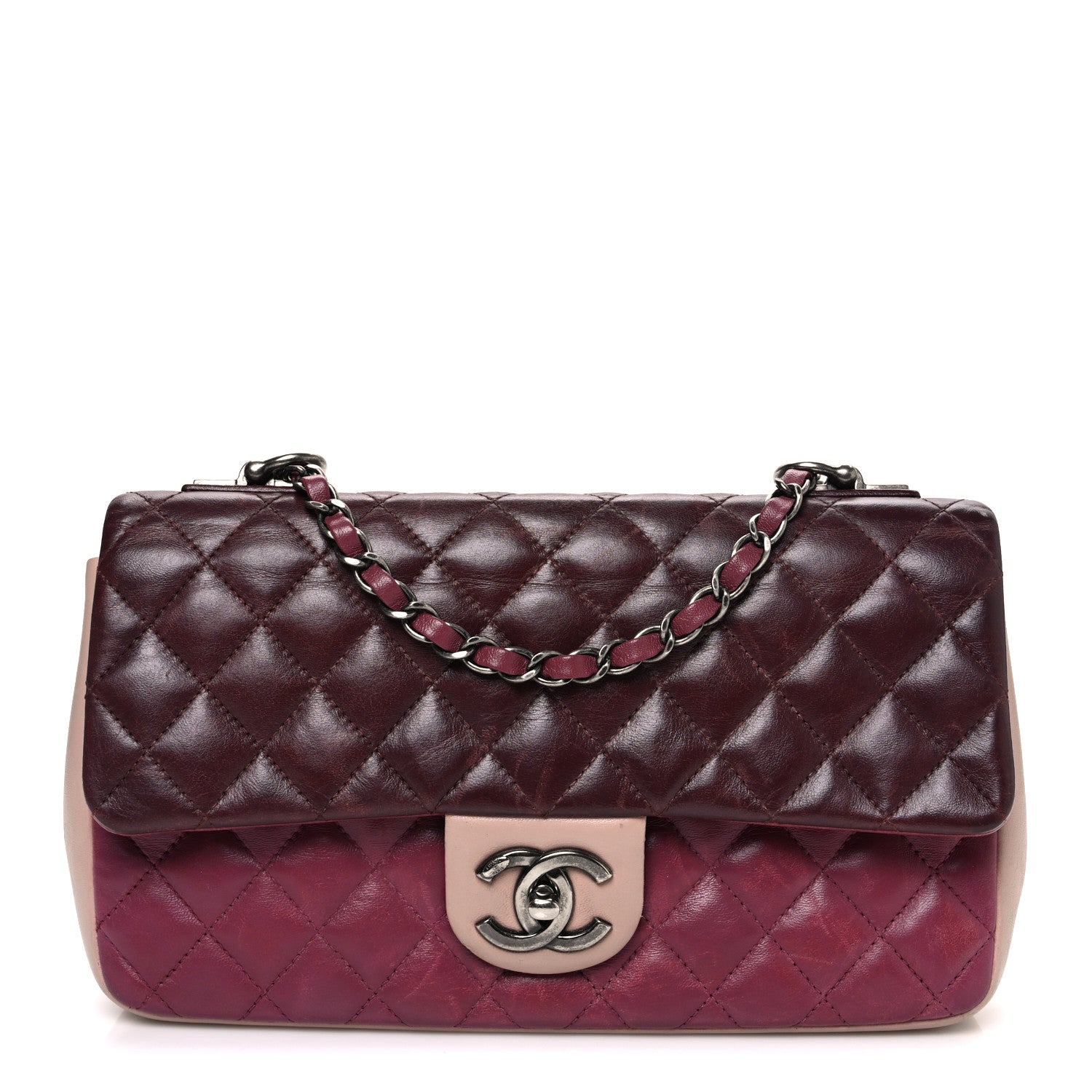 Lambskin Quilted Medium Tri-Color Flap Burgundy Dark Pink