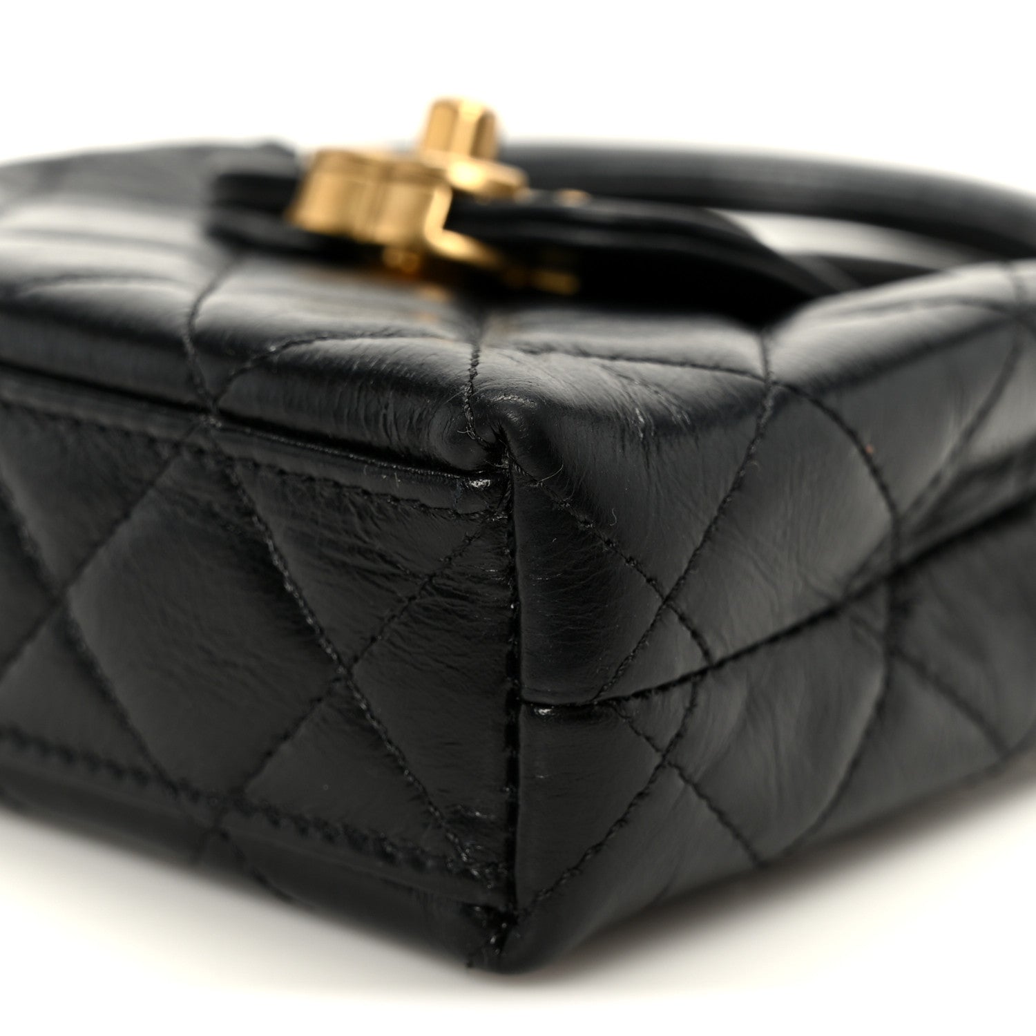 Shiny Aged Calfskin Quilted Mini Nano Kelly Shopper Black
