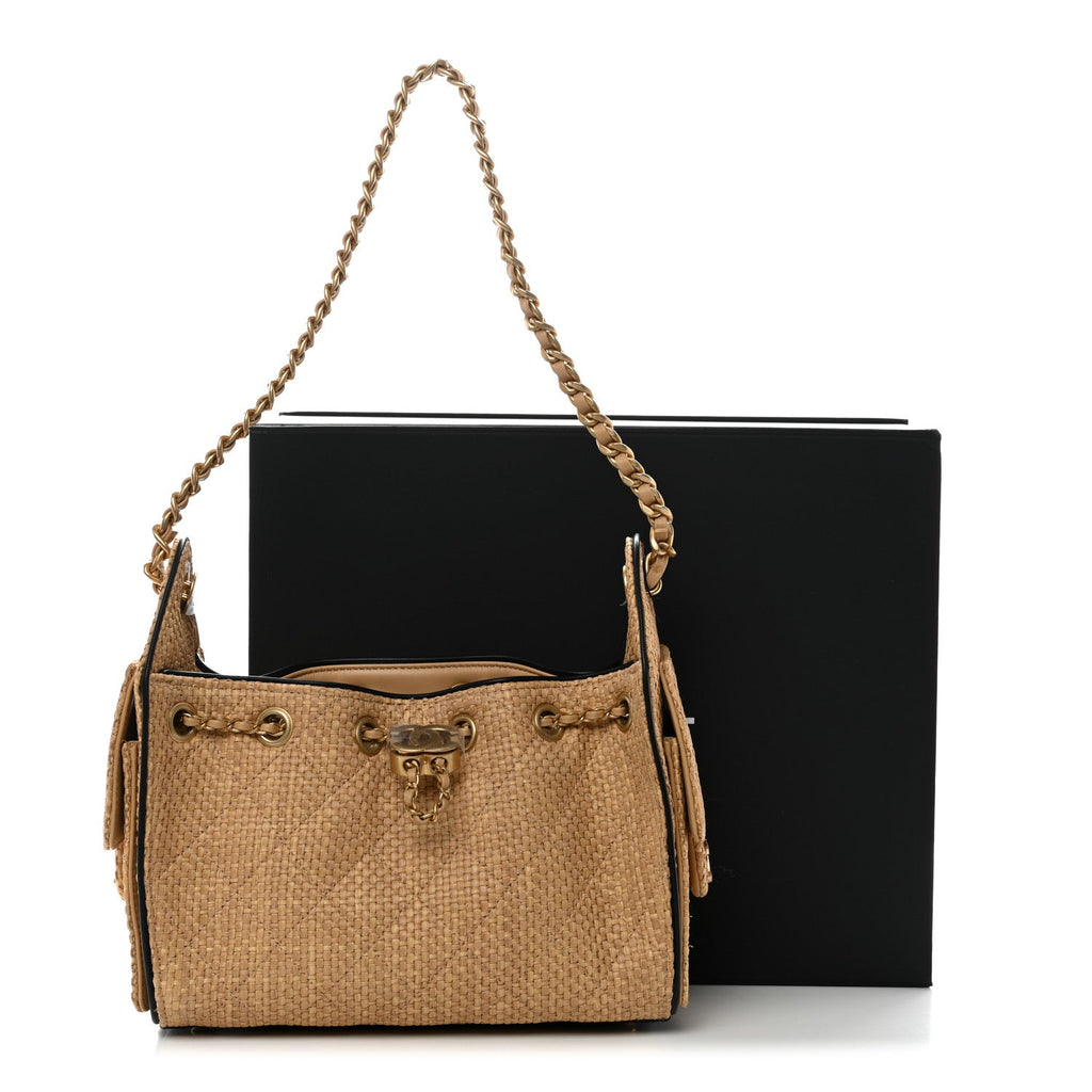 Braided Raffia Calfskin Quilted Mini Chanel 25 Handbag Beige Black