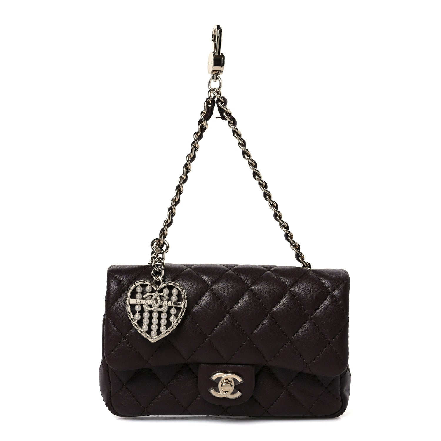Lambskin Quilted Mini Flap Bag Charm With Hook Dark Brown