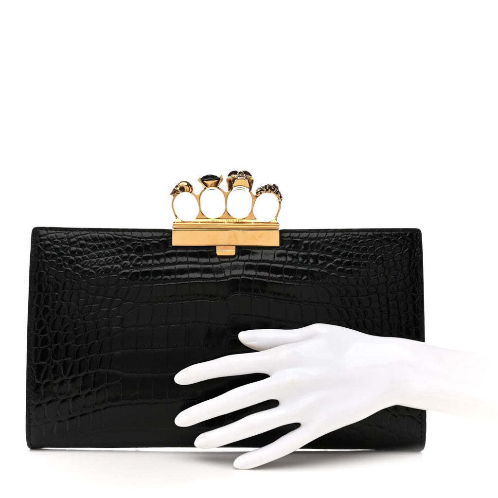 Calfskin Crocodile Embossed Knuckle Flat Clutch Black Gold