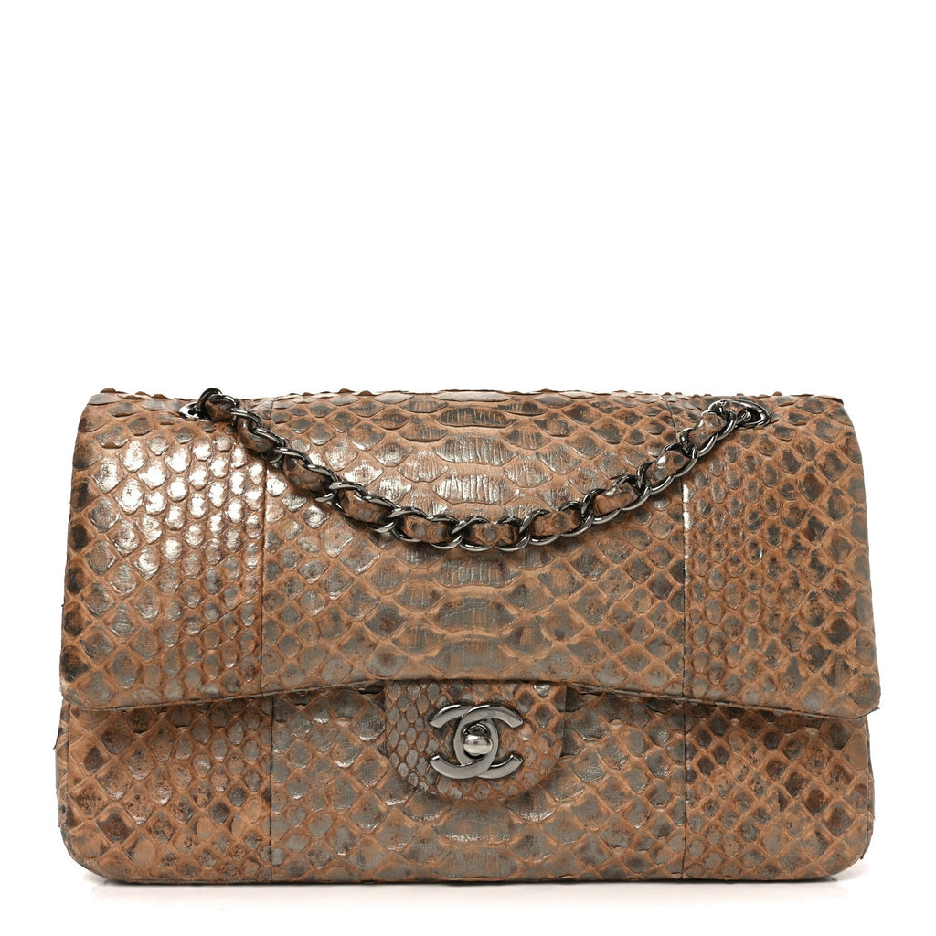 Metallic Snakeskin Medium Double Flap Beige