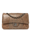 Metallic Snakeskin Medium Double Flap Beige