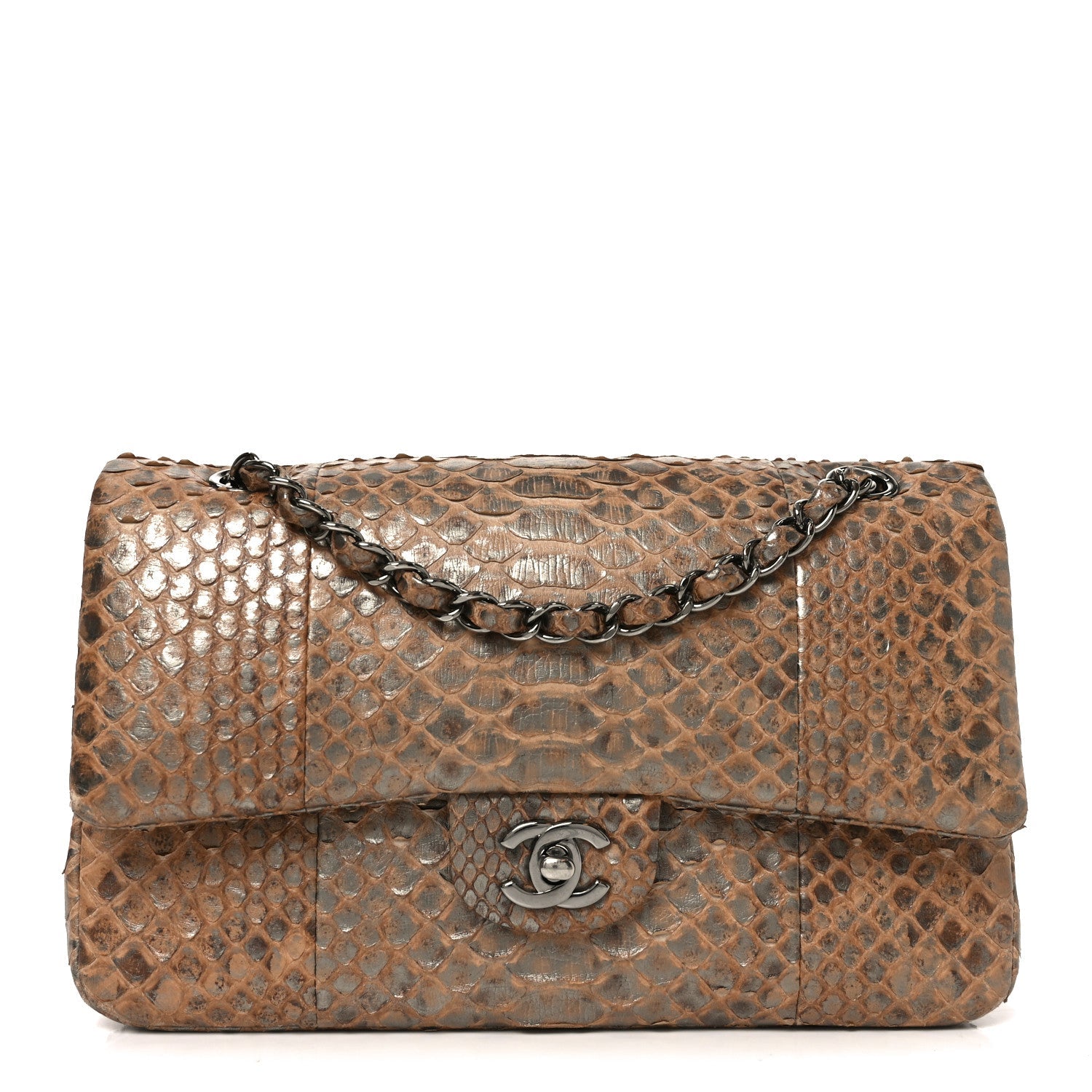 Metallic Snakeskin Medium Double Flap Beige