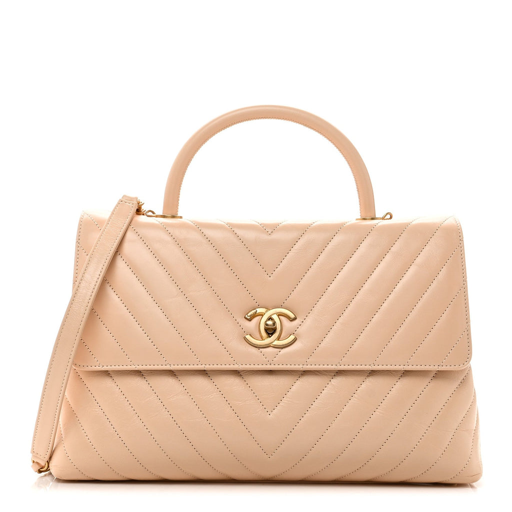 Calfskin Chevron Quilted Medium Coco Handle Flap Beige